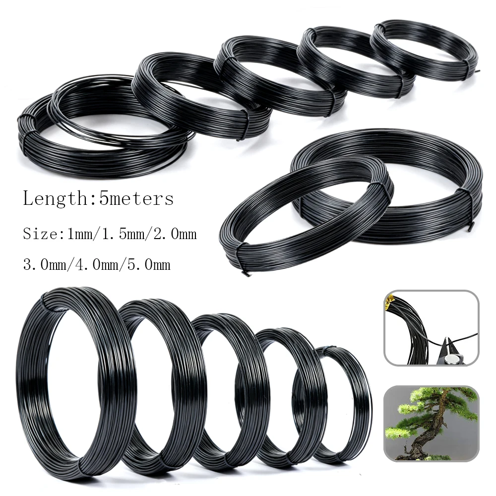 

1 шт., проволоки для бонсай, анодированный алюминий, тренировочная проволока для бонсай, 6 размеров, 1 мм/1,5 мм/2 мм/3 мм/4 мм/5 мм, длина 5 м (черный), садовые принадлежности