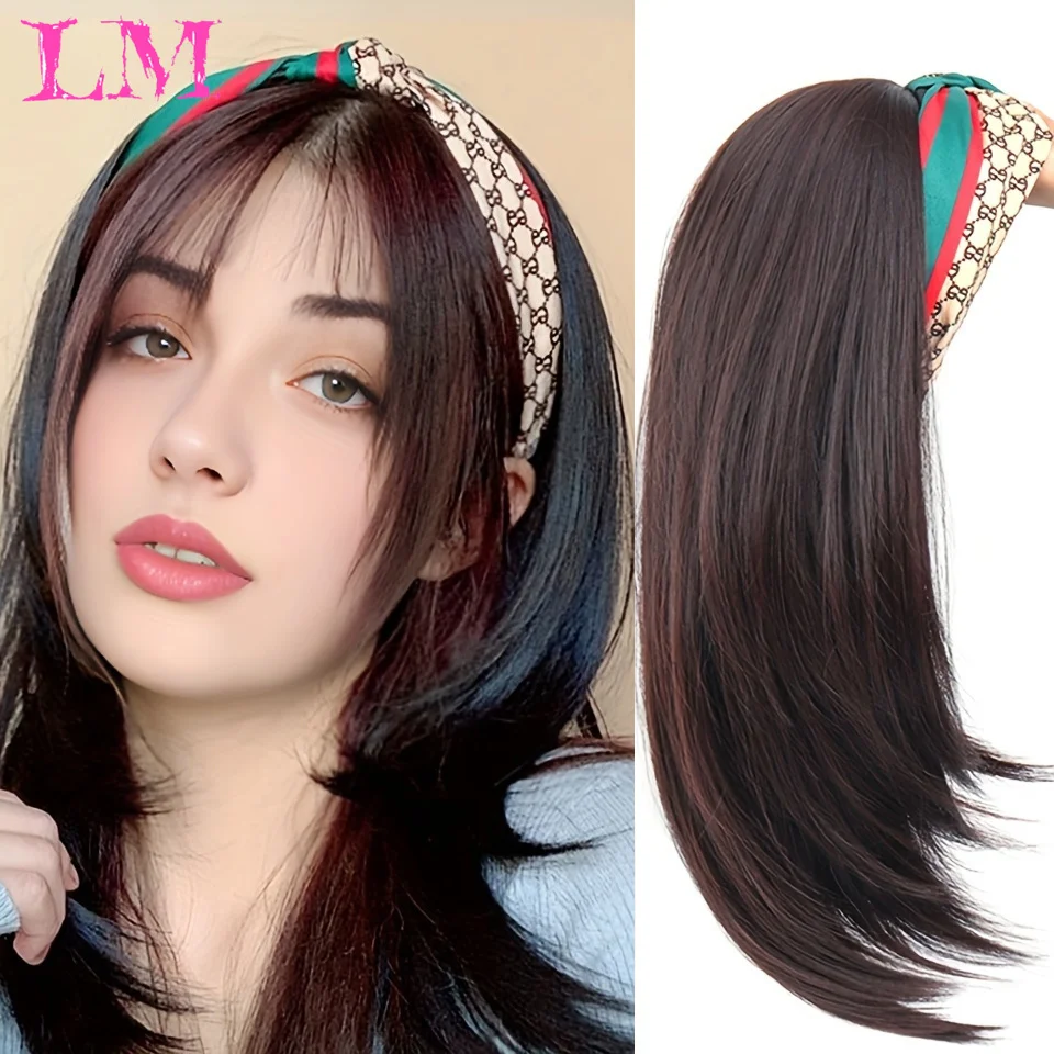 LM mesin Wig pirang rambut setengah sintetis bando lurus dibuat untuk wanita warna hitam alami penggunaan pesta sehari-hari hitam