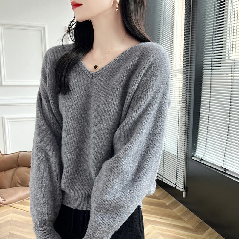 Strick pullover für Damen pullover, Kaschmir pullover aus 100% reiner Wolle, großer Langarm mit V-Ausschnitt für Damen, warme Herbst-und Winter jacke