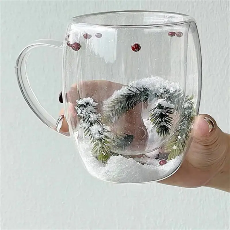 2025 Double Wall Clear Glass Cup Christmas Theme Snow Scene Glass Coffee Cup Heat Resistant Milk Water Cup Christmas Gift