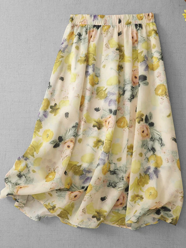 

Summer 2026 New Style Women's Floral Print Midi Skirt Versatile Slimming High Waist A-Line Skirt Commute Retro Casual Wear