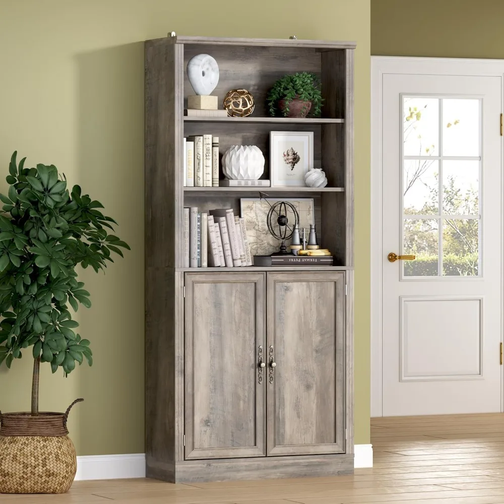 رف كتب معدني بطول 71.4 بوصة مكون من 5 طبقات مع خزانة وأرفف قابلة للتعديل، وحدة تخزين قائمة على الأرض بعرض 31.5 بوصة