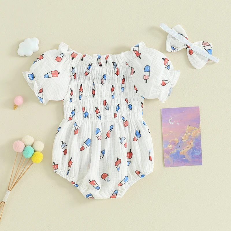 Lioraitiin Newborn Baby Girl Clothing 4th of July Outfit Short Sleeve Pleated Popsicle Print Bodysuit with Bowknot Headband