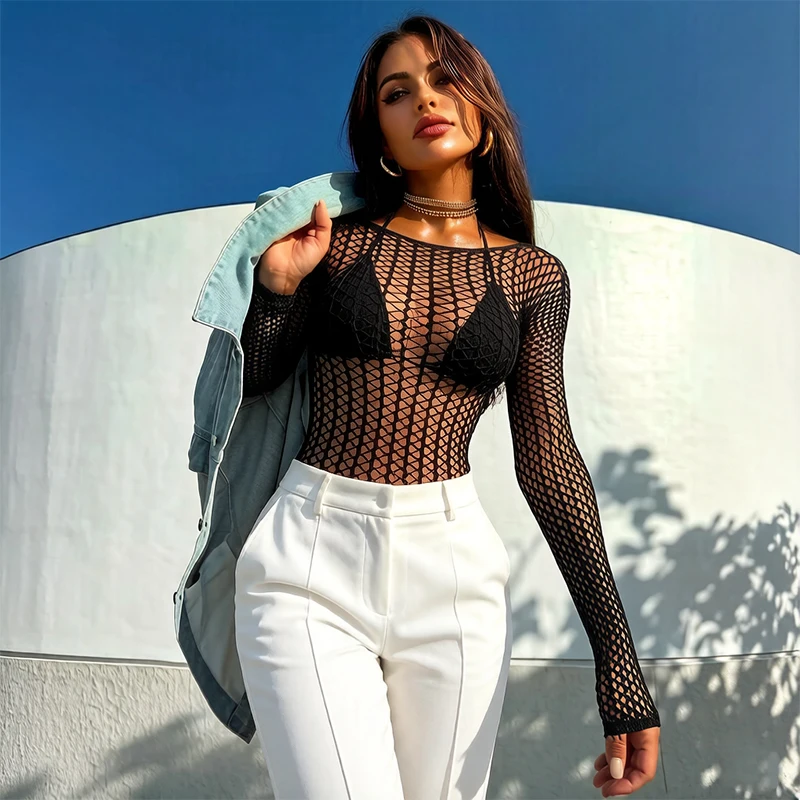 

Hollow Out Fishnet Beach Cover Up Bodycon Dress, Sheer Mesh Festival Swimwear for Women Summer