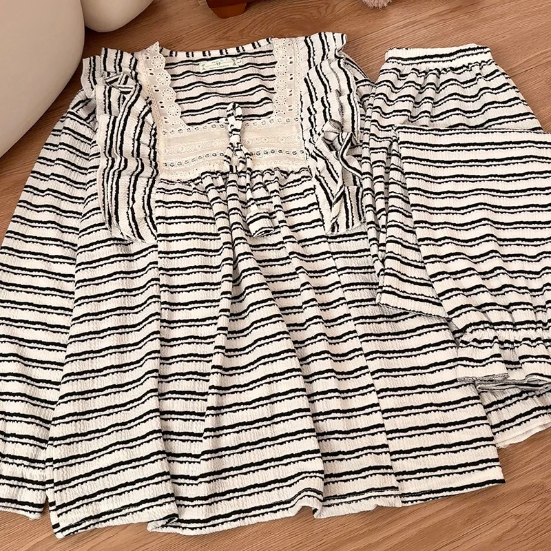 

Fashion Striped Pajamas For Women Chest Pad Long Sleeve Top Pant Suit Casual Sleeping Home Clothes Cotton Night Wear Female