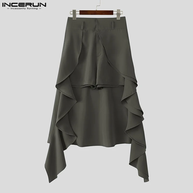 

INCERUN мужские юбки с оборками, свободные шорты, однотонные повседневные мужские штаны, уличная одежда, короткие брюки, модные брюки, мужские брюки большого размера, S-5XL