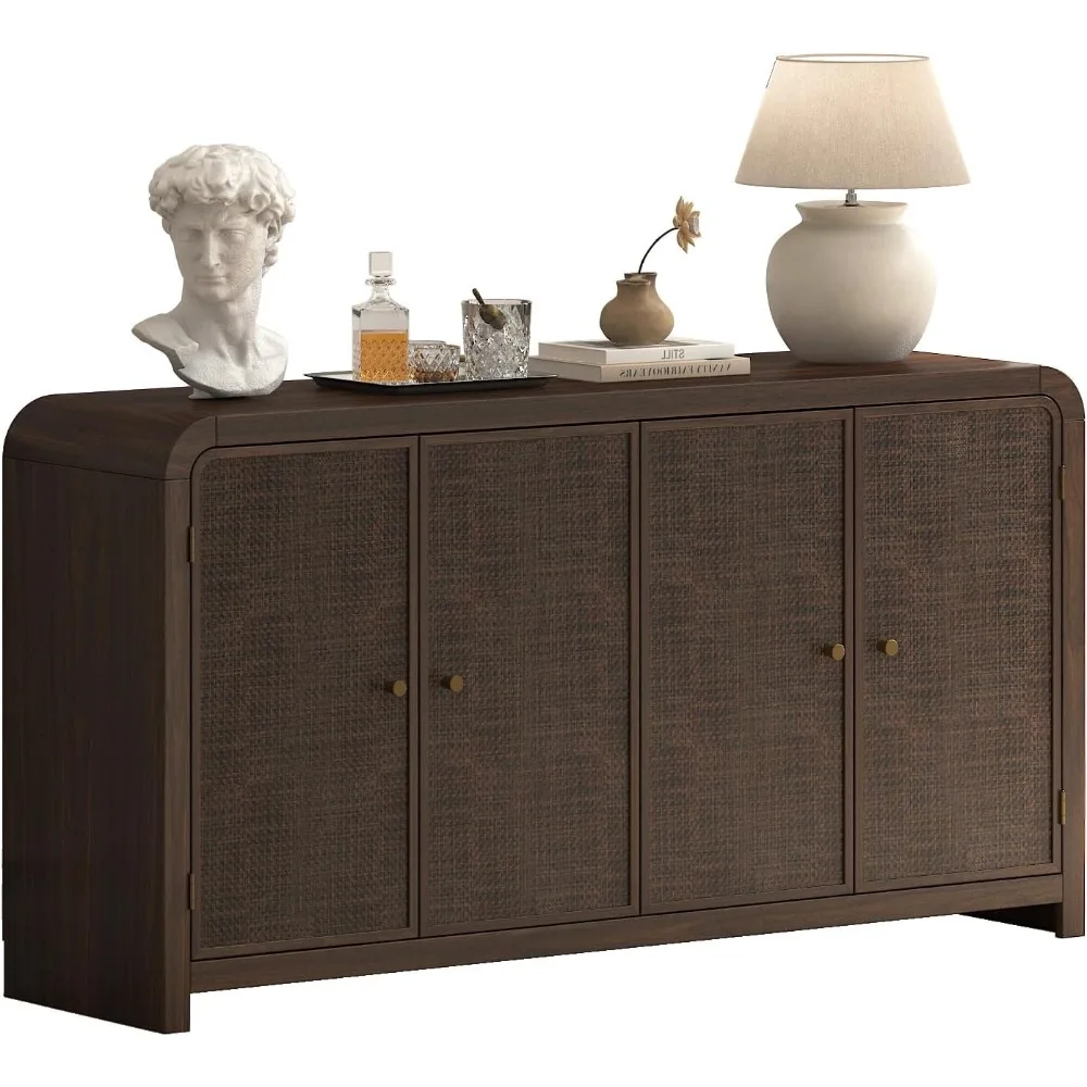 

Sixty Inch Rattan Four Door Sideboard Adjustable Shelves for Living Room Hallway Kitchen