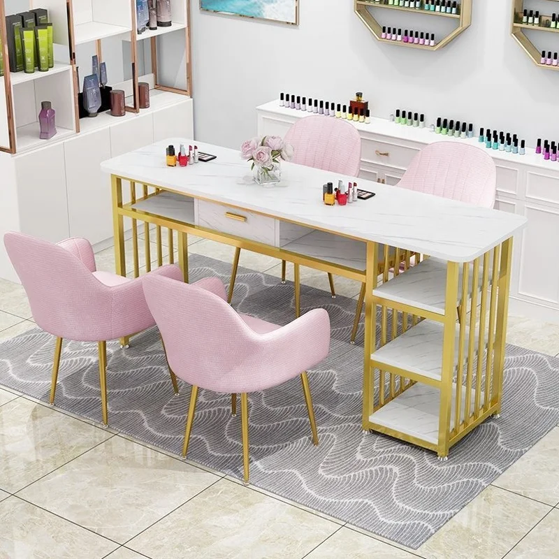 

Custom Size Color Light Luxury Nail Shop Stainless Steel Marble Tabletop Manicure Table With Chairs