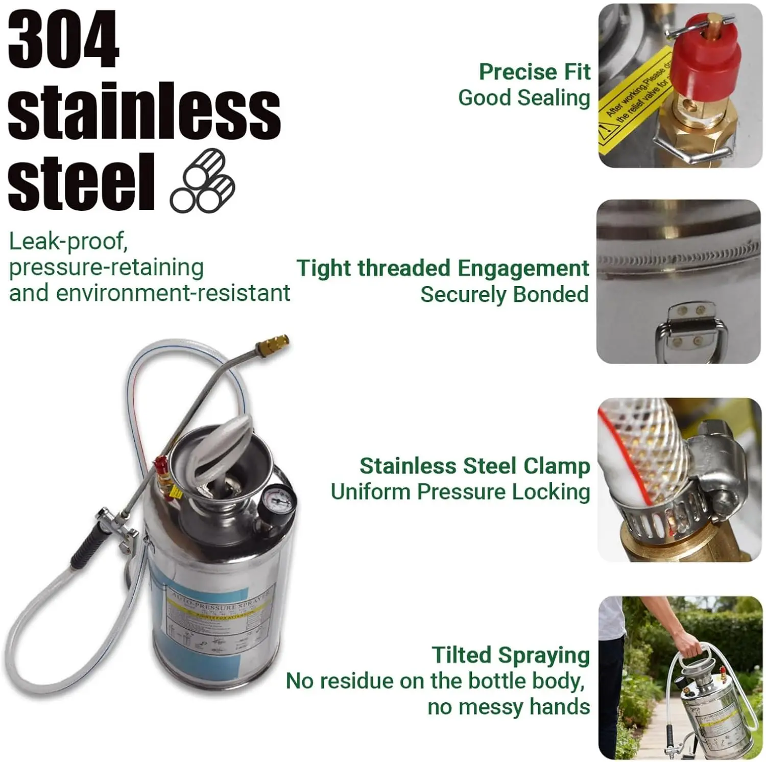 Hand Pump Sprayer 8L Total 6L Working Volume 15 Gallon Heavy Duty Stainless Steel 16in Wand 3FT Hose Adjustable Nozzle Pressure