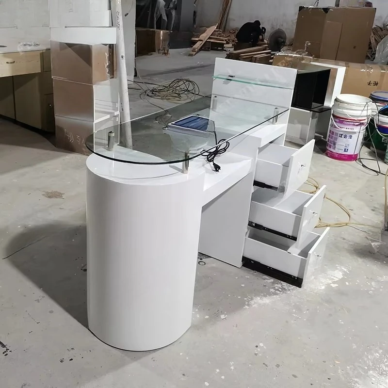 Маникюрный стол со стеклянной столешницей Деревянный современный стол для ногтей с пылесборником
