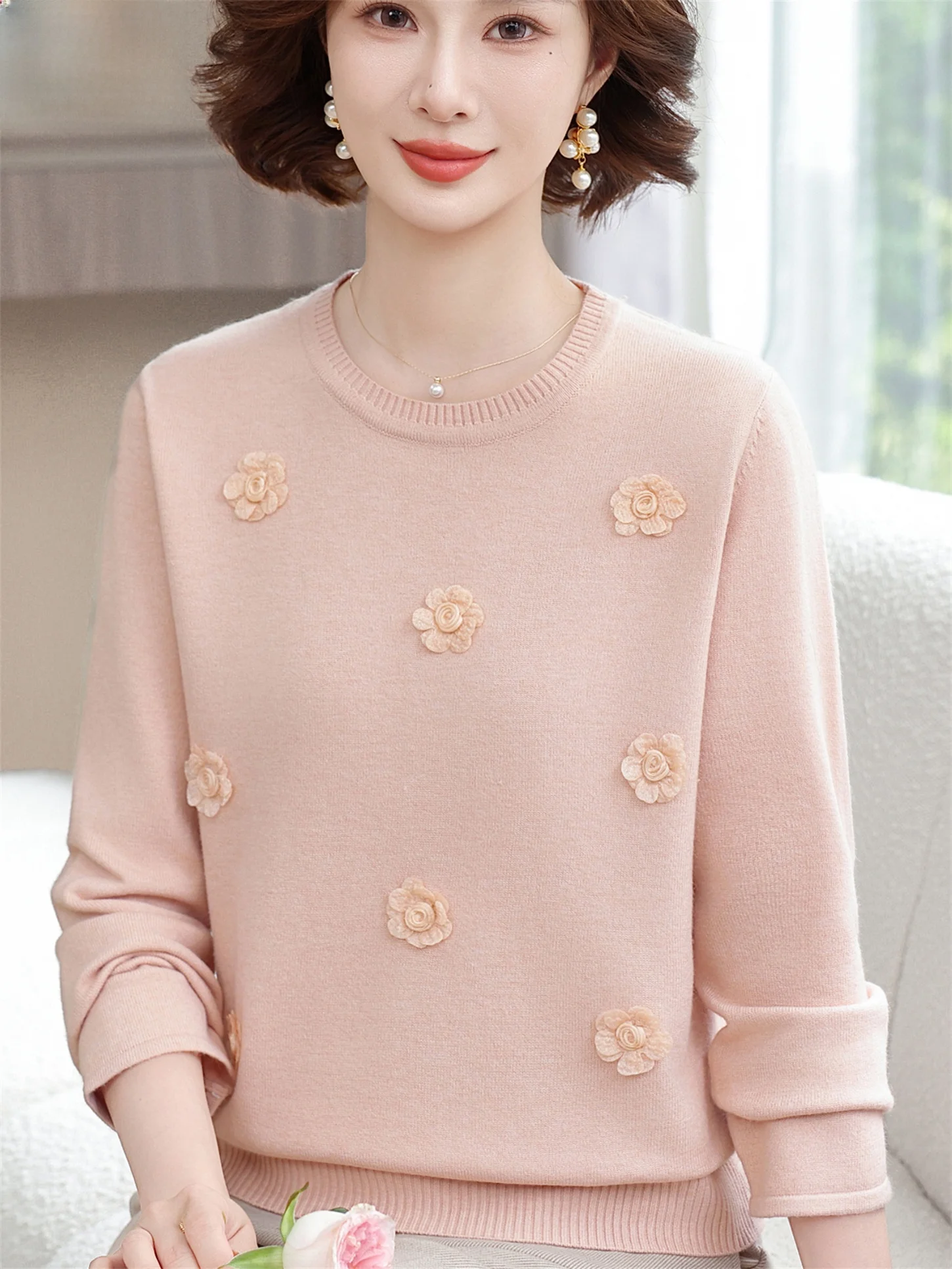 

Faionable Knitted Woolen Top for Middle-Aged Mothers Autumn Wear Base Layer irt Spring Faion Loose Fit Breathable