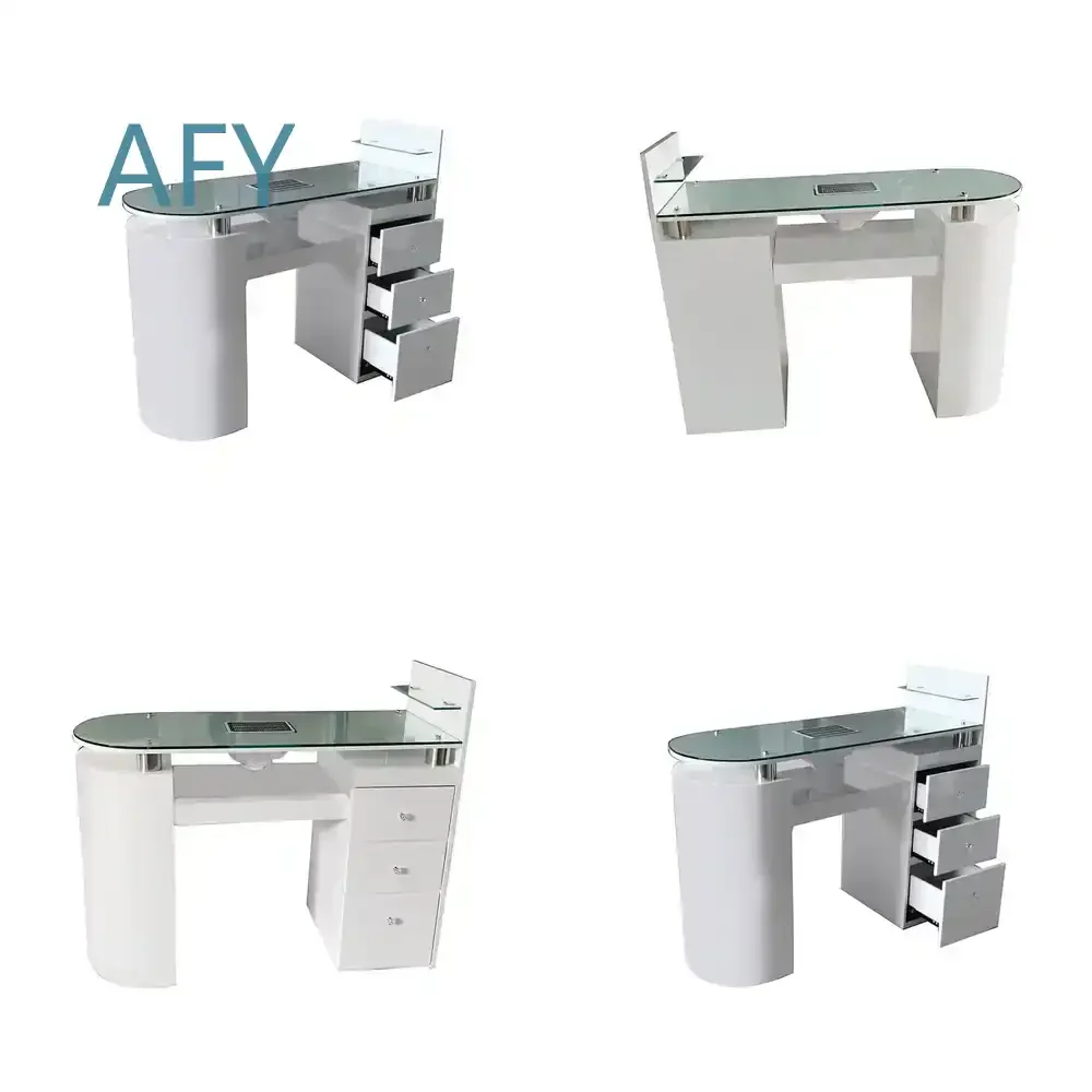 Single Nail Table Manicure Table for Salon Home Use White Painted Glass Countertop Nail Station Pedicure Table Nail Art Desk