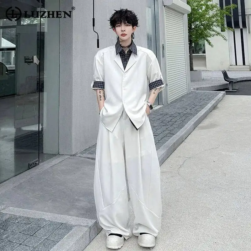 

LUZHEN 2026 Summer Fake Two Piece Design Plaid Printed Short Sleeve Shirt Men's Loose Wide Leg Casual Pants Handsome Sets JY6821