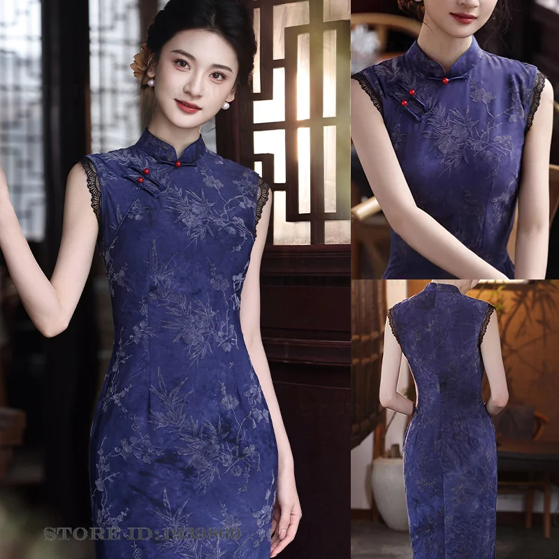 

Summer New Womens Dress Cheongsam Vintage Jacquard Buckle Long Qipao Hanfu Dress Sexy Slim Vestidos Formal Party Dress Big Size