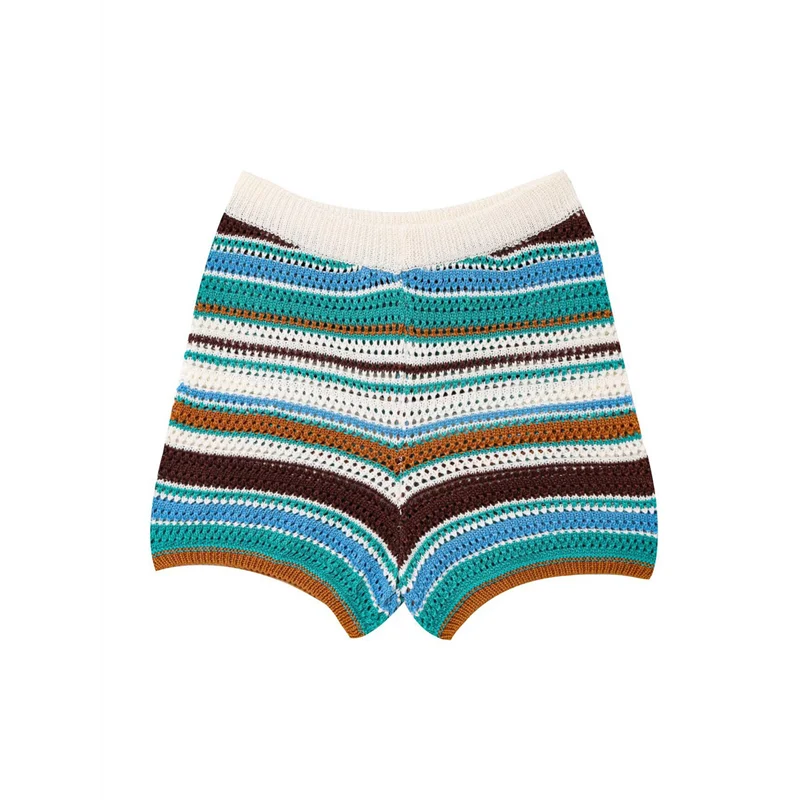 

Женские короткие комплекты крючком, кардиган на пуговицах в полоску с шортами, вязаная одежда из двух предметов