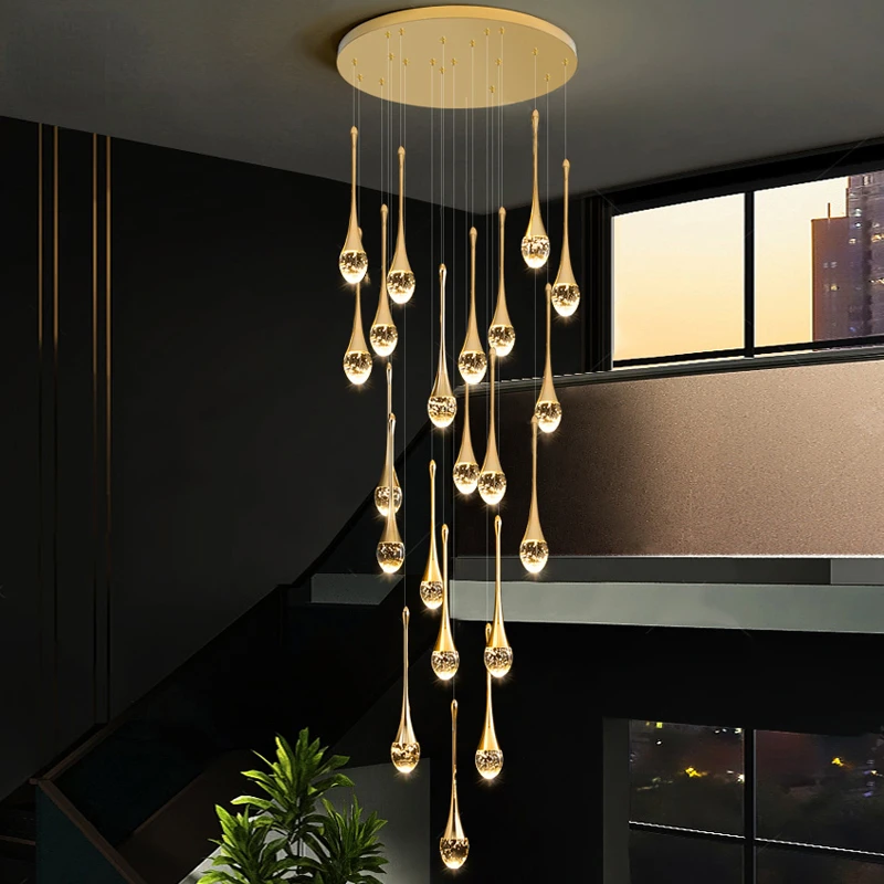 

Luxury Water-drop Design LED Chandeliers Staircase Hallway Long Spiral Crystal Hanging Pendant Lamp Home Decor Lighting Fixture