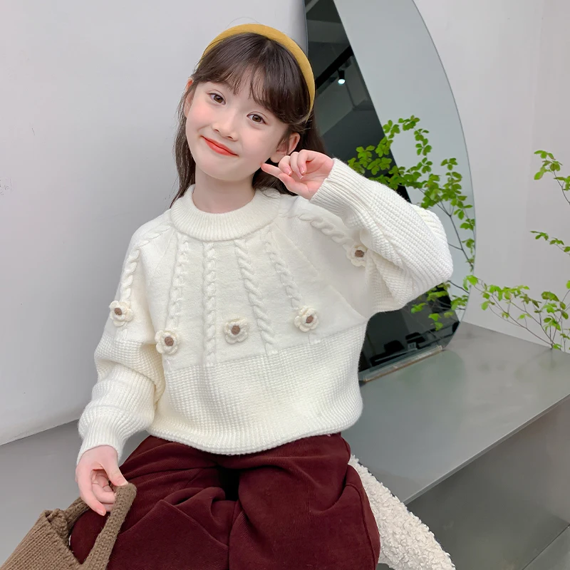 

Элегантный детский модный кардиган с цветами для девочек-подростков, бежевый вязаный свитер, школьный детский весенне-осенний трикотаж