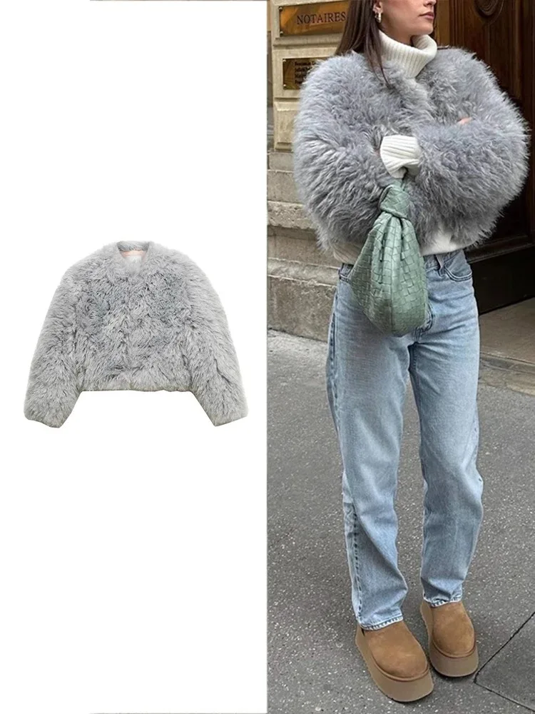 Casaco cinzento de peles artificiais para mulher Casaco de manga comprida peludo elegante outono e inverno Fotografia de rua Casaco de peles curto