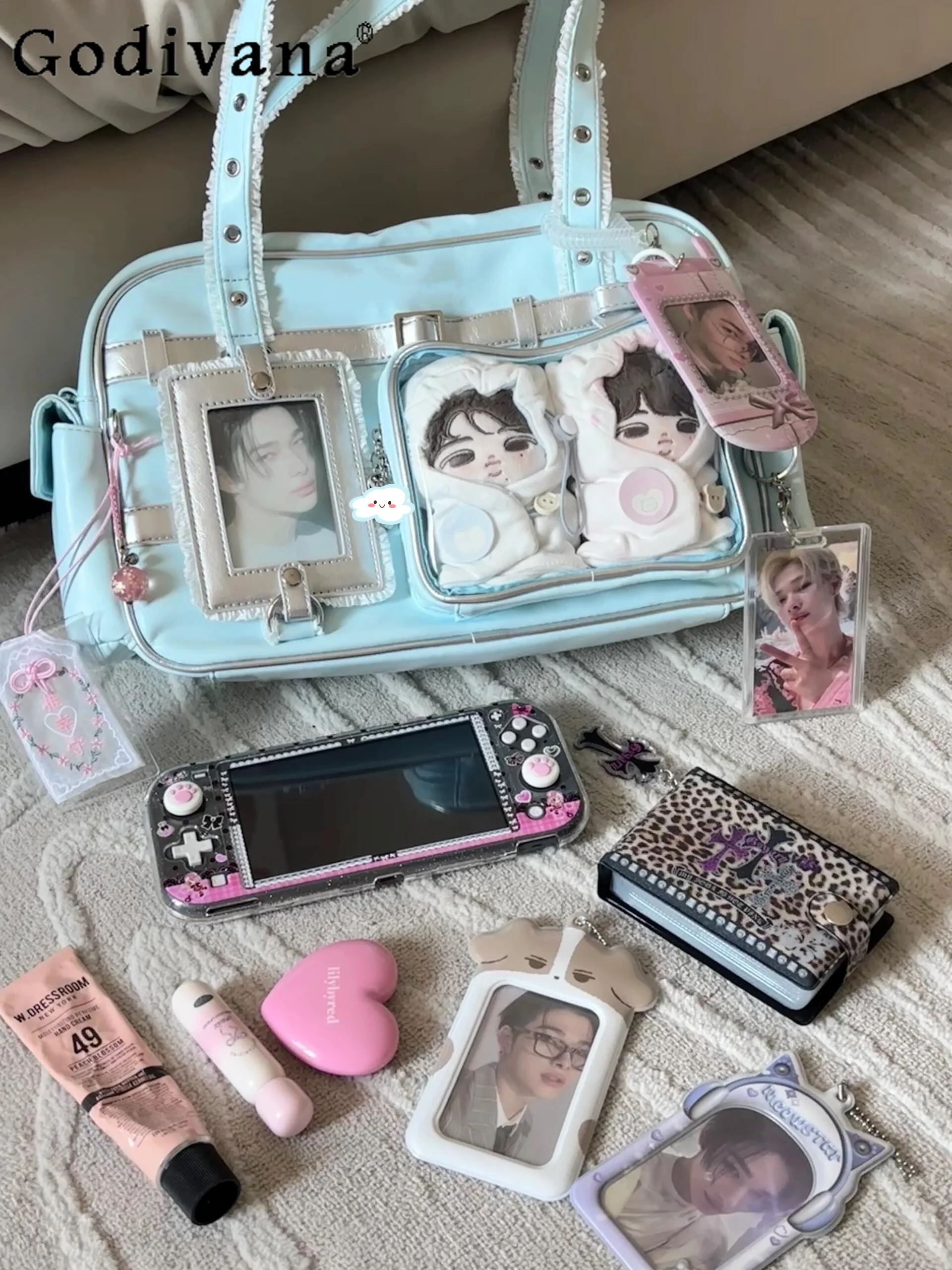 

2D Transparent Large Capacity Pain Bag for Women with Bowknot Lace Edge JK Uniform Daily Commute Crossbody Shoulder Bag