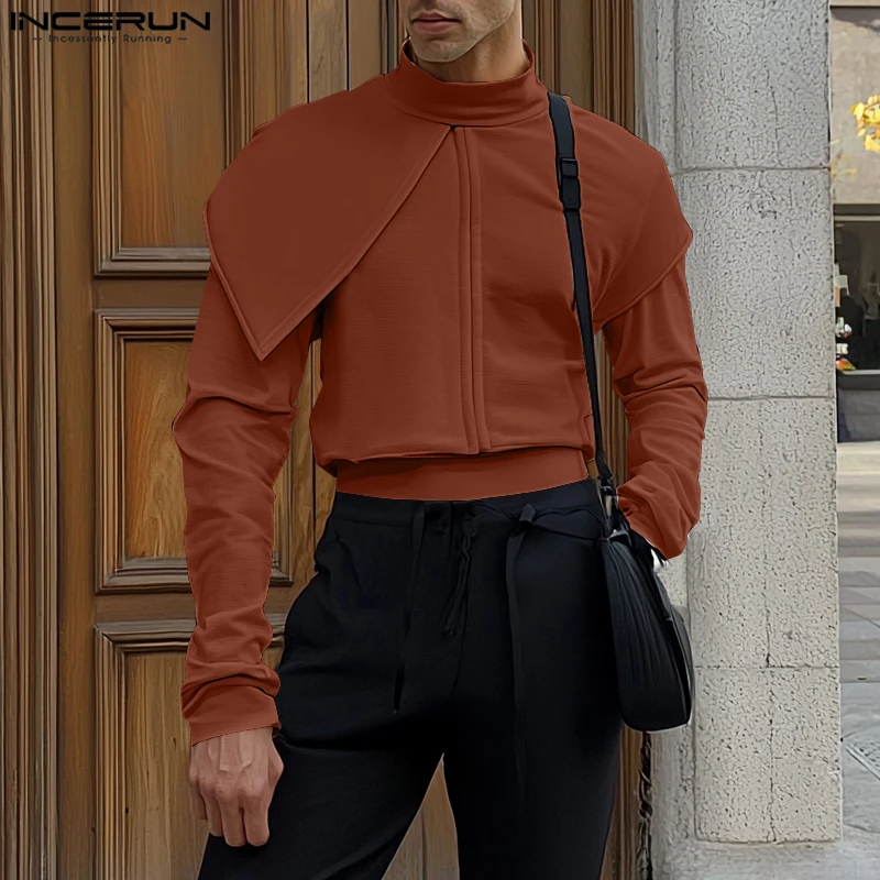 INCERUN Handsome Men Solid Color Hoodies Casual Long Sleeve High Collar Pullovers Deconstruction Overlapping Design Jumpers