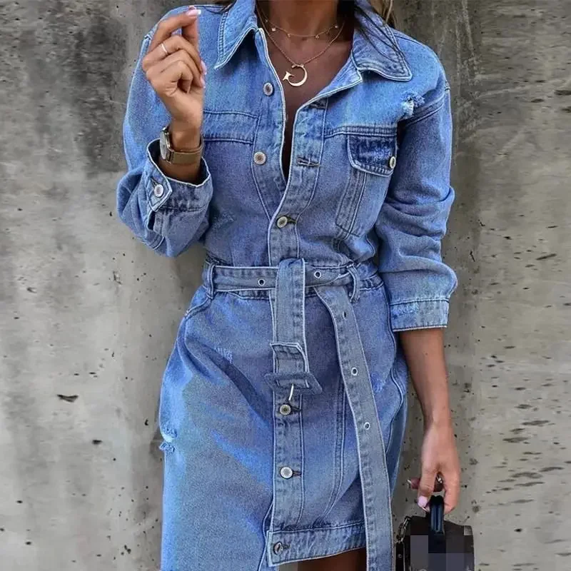 Moda fori rotti abiti in Denim donna cintura a vita alta vestito giuntura bavero monopetto Cardigan abito nuovo Casual Streetwear