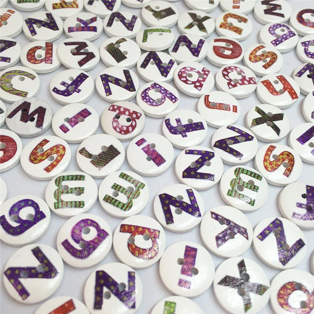 

100Pcs Printed Wooden Alphabet Buttons Two-Hole Round Durable DIY Letters for Sewing Knitting Scrapbook Clothes Accessories