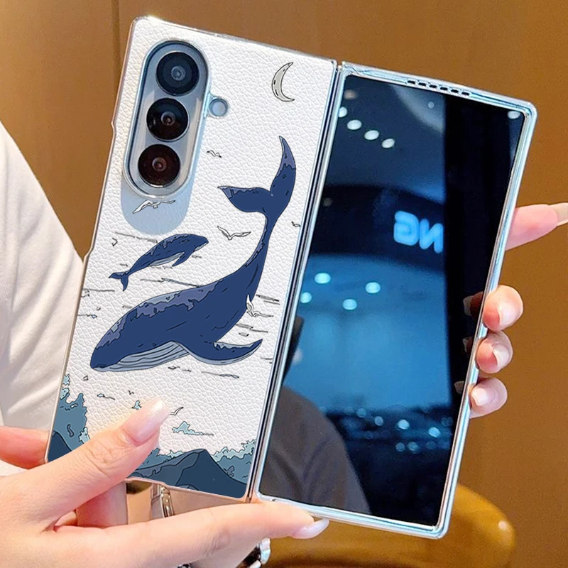 Turtle Whale Pattern PU Leather Phone Case For Samsung Galaxy Z Fold 7 6 5 Fold7 Fold6 Fold5 Plating PC Frame Hard Folding Cover