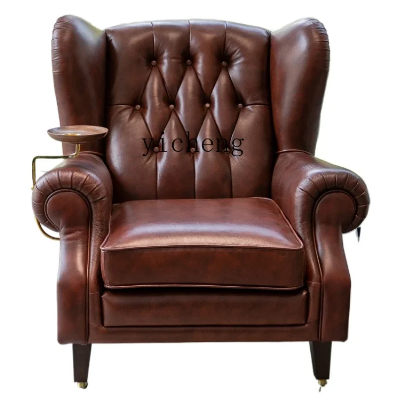 XL retro chair solid wood leather living room buckle single sofa chair high elastic foam sponge