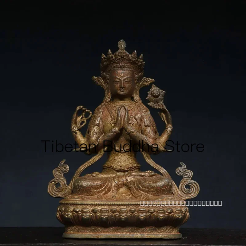 

30cm Tibetan Bronze Buddha Brass Clay Gold Four Arm Guanyin Tara Buddha Ornament