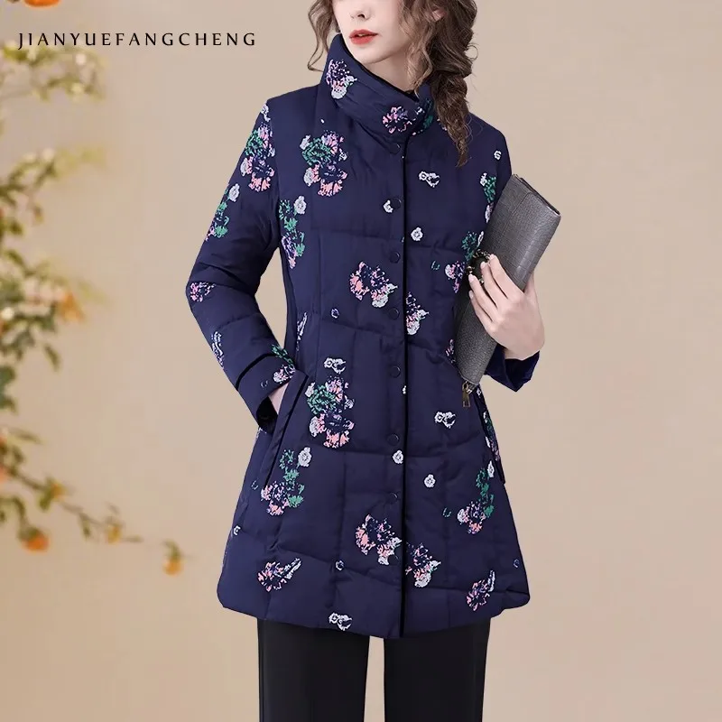أزياء الأزهار المطبوعة عالية الرقبة تطول المرأة بطة أسفل سترة دافئة خفيفة الوزن الشتاء سترات مبطنة يندبروف #1