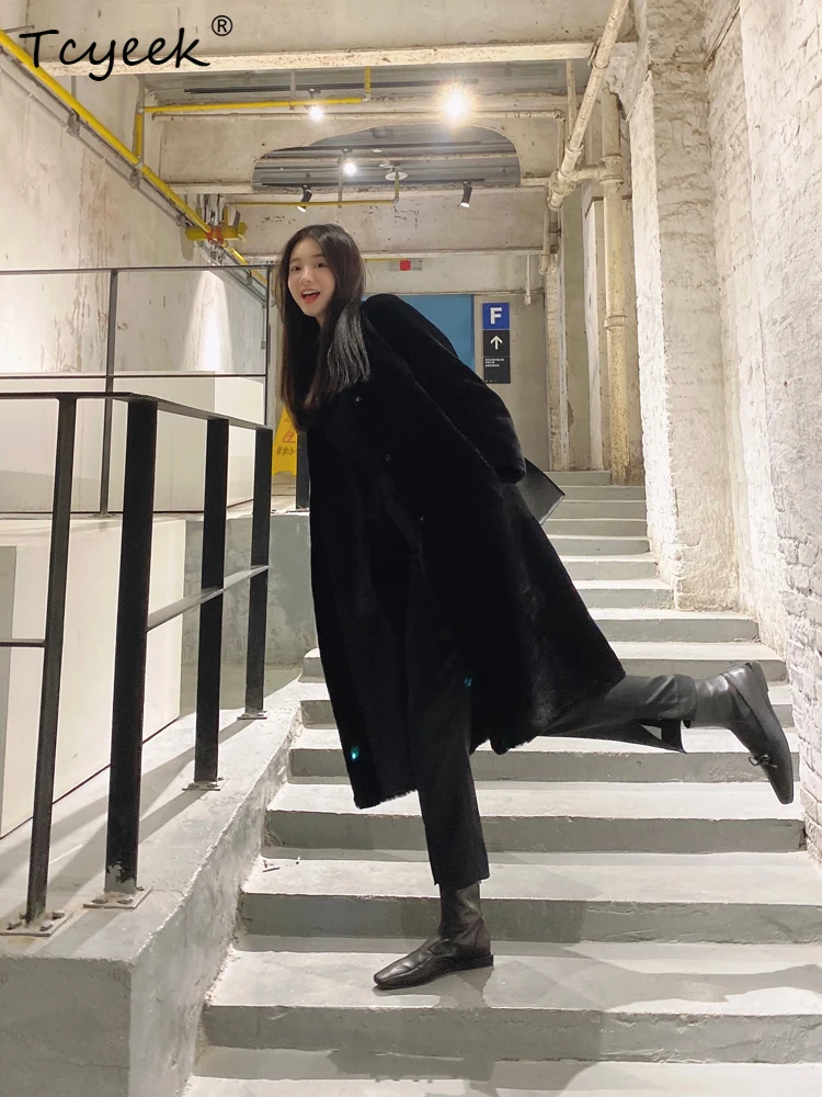 Tcyeek Prawdziwa Wełna Jesień Zima Ekskluzywny Modny Futro Zintegrowane Jednolity Kolor Średniej Długości Damski Wełniany Płaszcz Futrzany Fourrures Femme