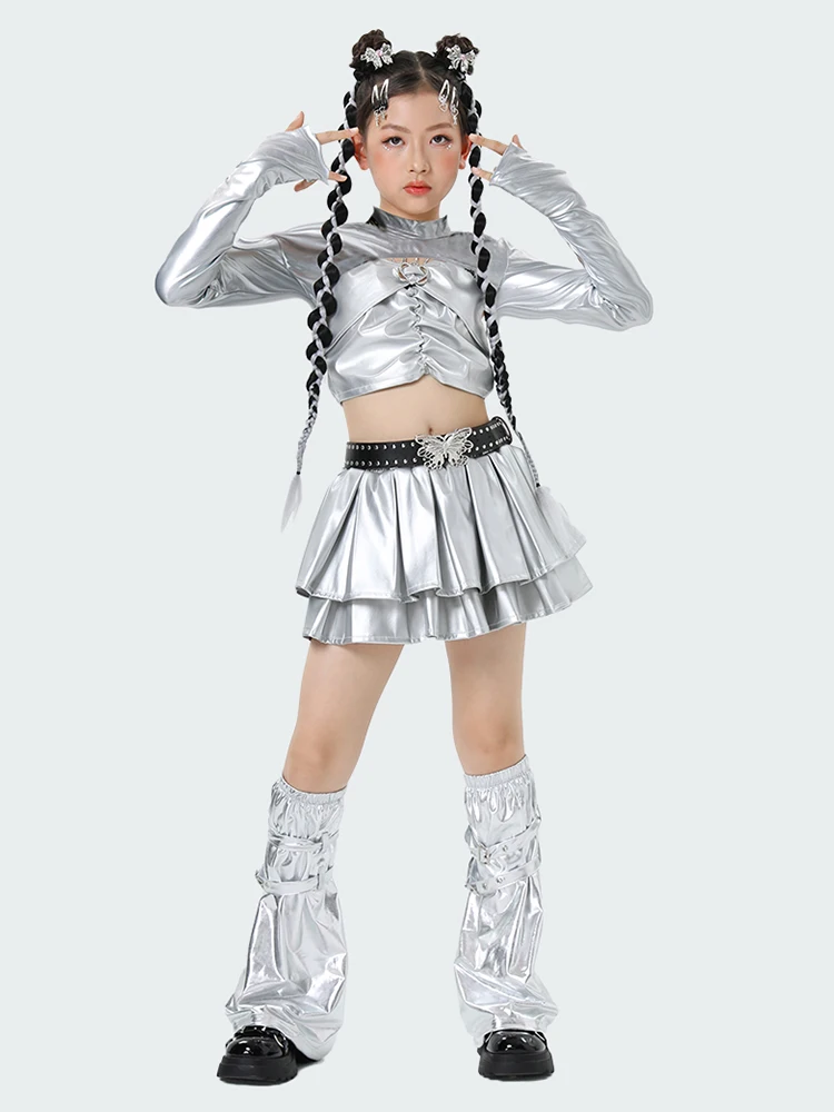 Silvery New Child Jazz Dance Set Dancing Competition Costumes for Girls Hip Hop Tops Skirt Party Stage Perform Outfits XH1443