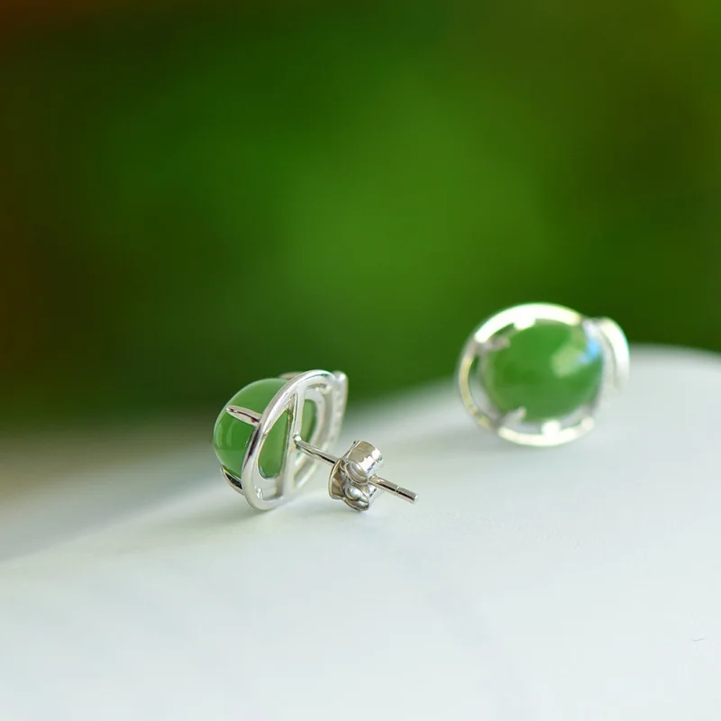 New Chinese Style Ancient Style with Certificate 925 Sterling Silver Hollow Inlaid Hetian Jade Earrings Egg-shaped Beryl Earring