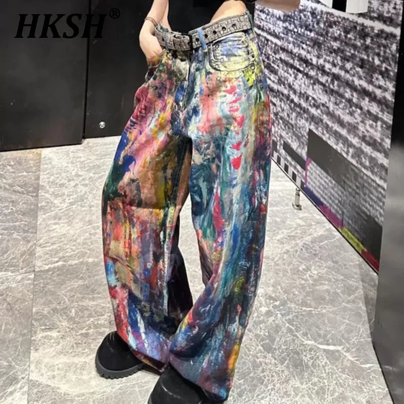

HKSH Spring New Men Tide Casual Denim Pants 3D Printed Oil Painter Jeans Women Straight High Street Jeans Chic Ins Baggy HK5359