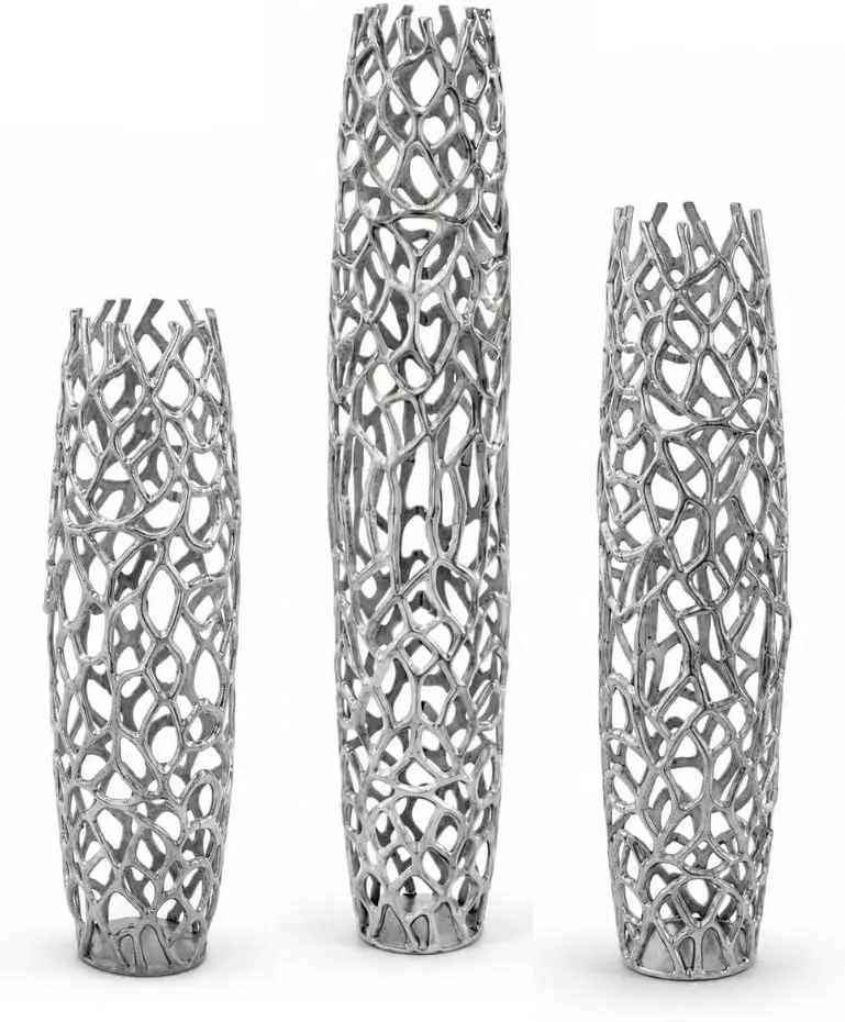 3597 XL Rama Floor Standing Cast Aluminum Openwork Vase Collection – Sculptural Pierced Design, Bright Nickel Plated Silver