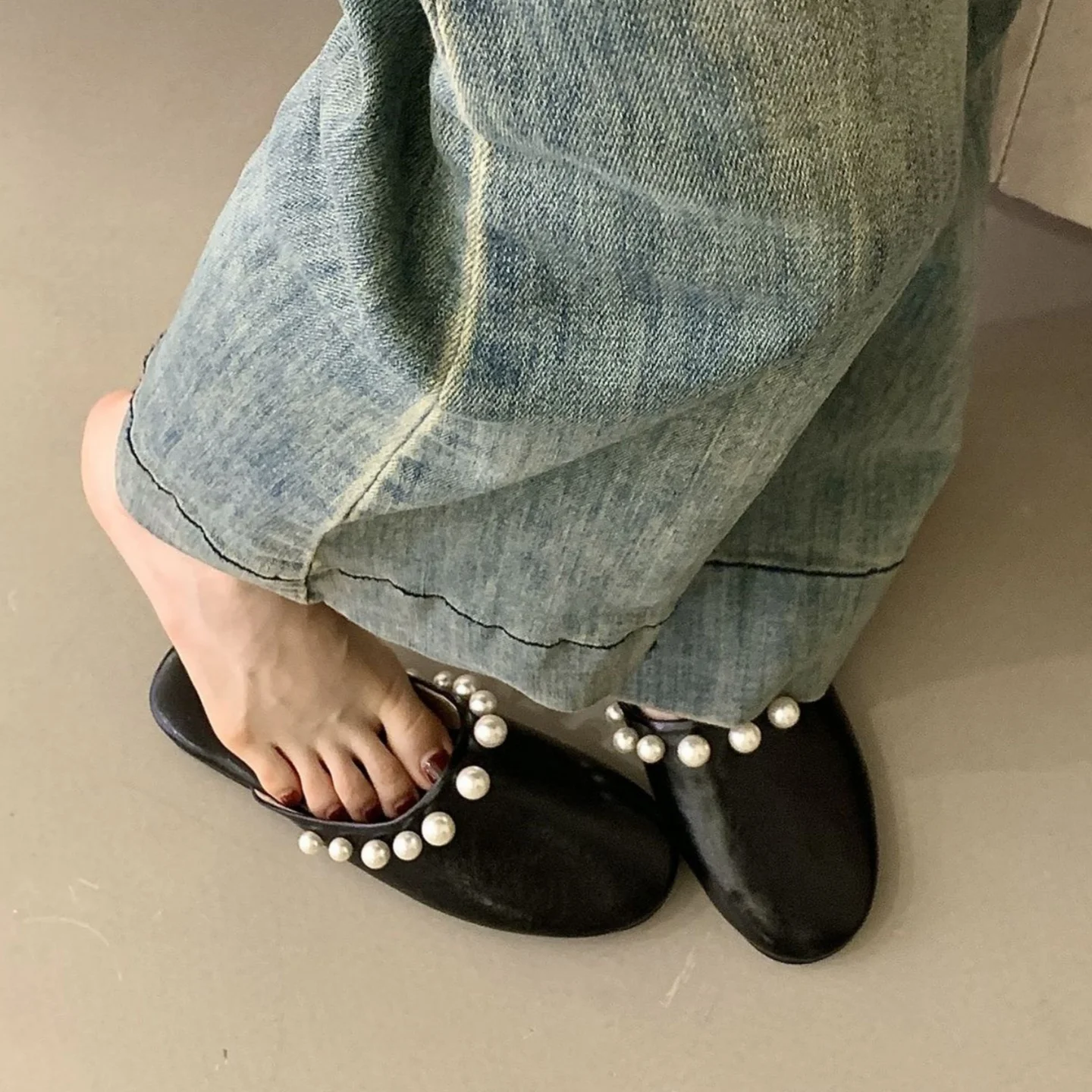 Flat Bottoms Semi Enclosed Shoes Chinju Ware Plain Flat Sole Shoes Advanced Banquet Style Women's Shoes French Retro Slippers