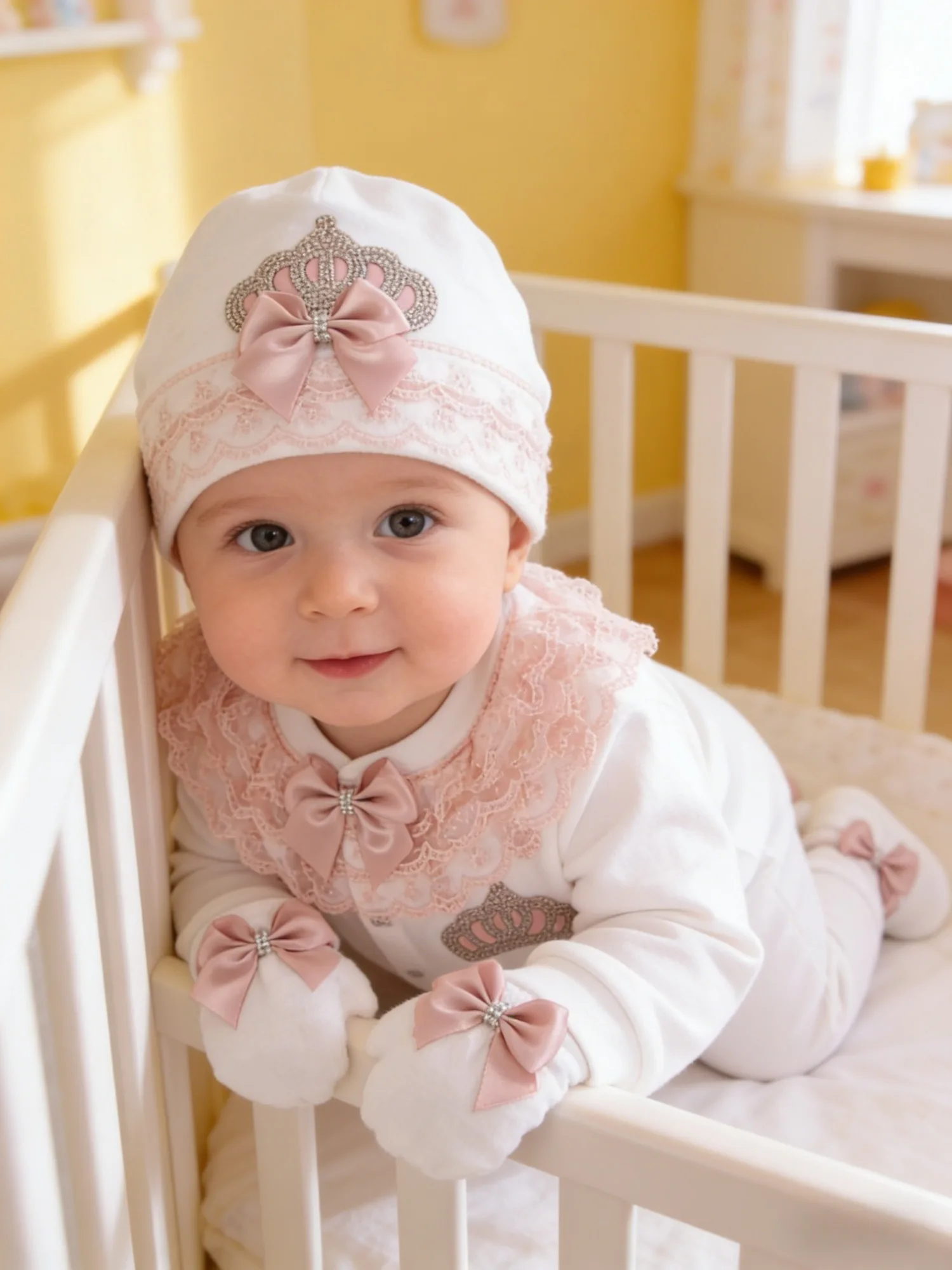 Baby Girl Pink Crown Outfit Set - Rhinestone Crown + Lace Romper + Blanket + Shoes | Princess Gift