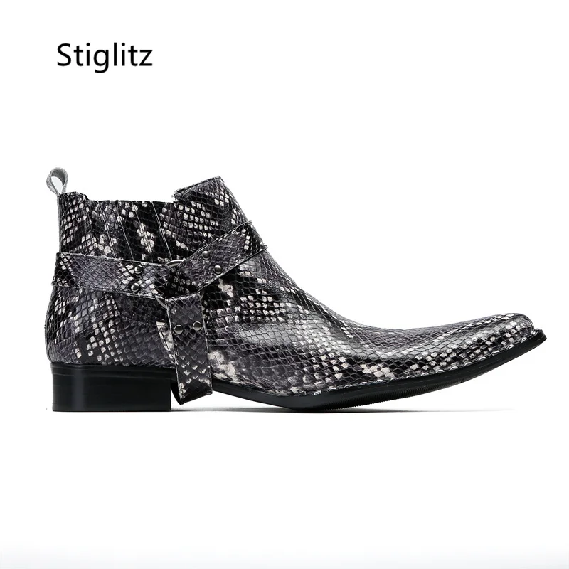 Snake Pattern Genuine Leather Boots for Men Belt Buckle Ankle Boots Slip On Low Heel Western Boots Elegant Male Dress Shoes