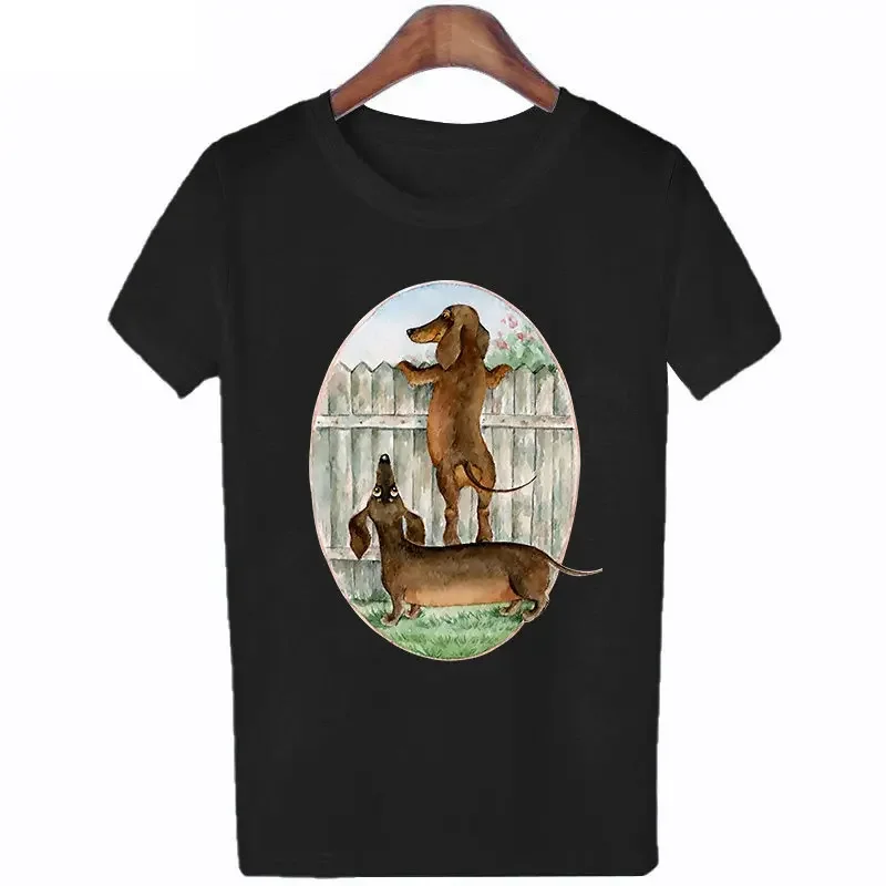 Cartoon Dachshund Dog  Printed Children's Short Sleeved New Fashion Trend Parent-child Round Neck T-shirt