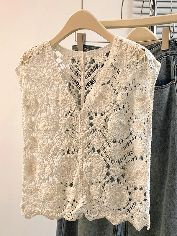 

Весенняя коллекция 2026: Универсальный многослойный однотонный жилет-топ с ажурным цветочным узором для повседневной носки