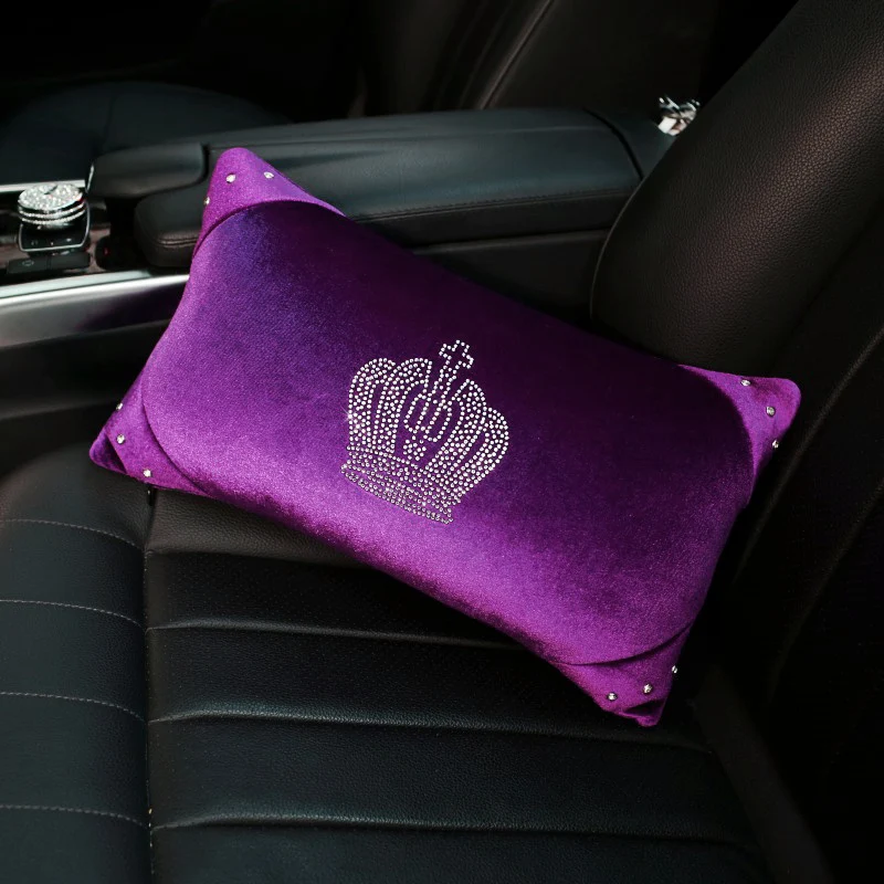 Purple Crystal Crown Car Seat Interior Accessories Short Plush Auto Neck Pillow and Waist Support Cushion Auto Decrotion