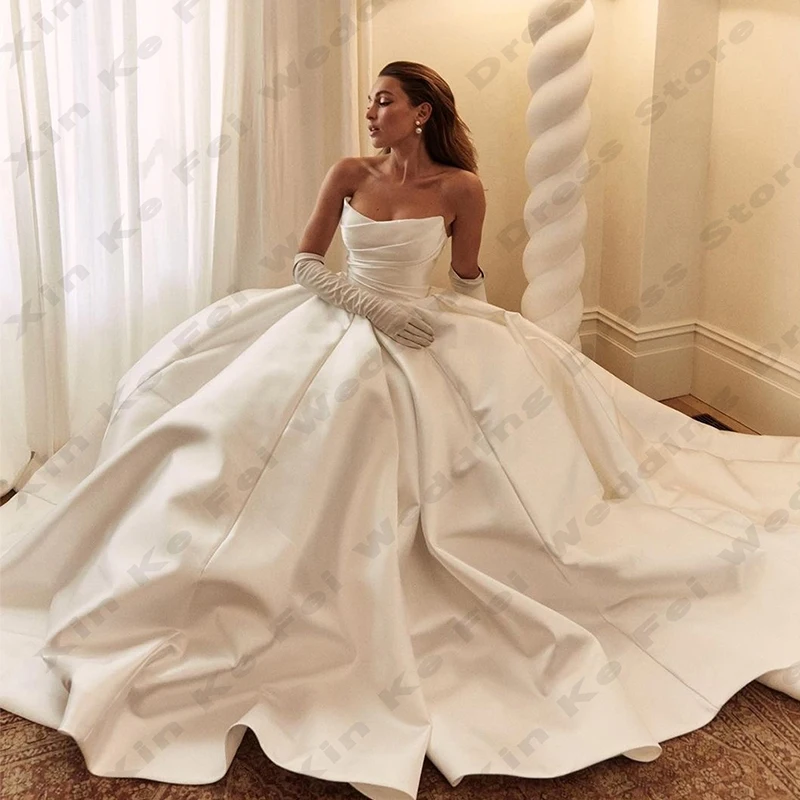 Vestido de novia de satén Para Mujer, traje sencillo plisado de princesa, sin guantes, Formal, Para fiesta en la playa, 2024