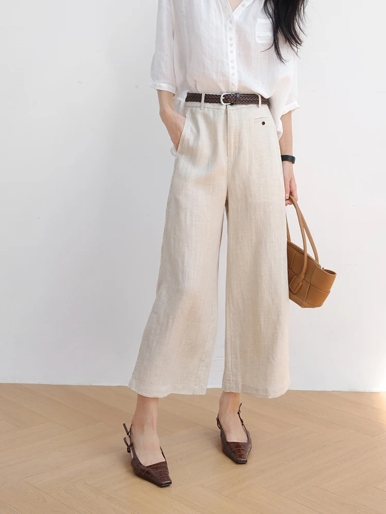 

Ele Light Weight Breathable Linen Casual Pants High Waist Straight Leg Knitted Nine-Tenths Length Women's Faion Summer
