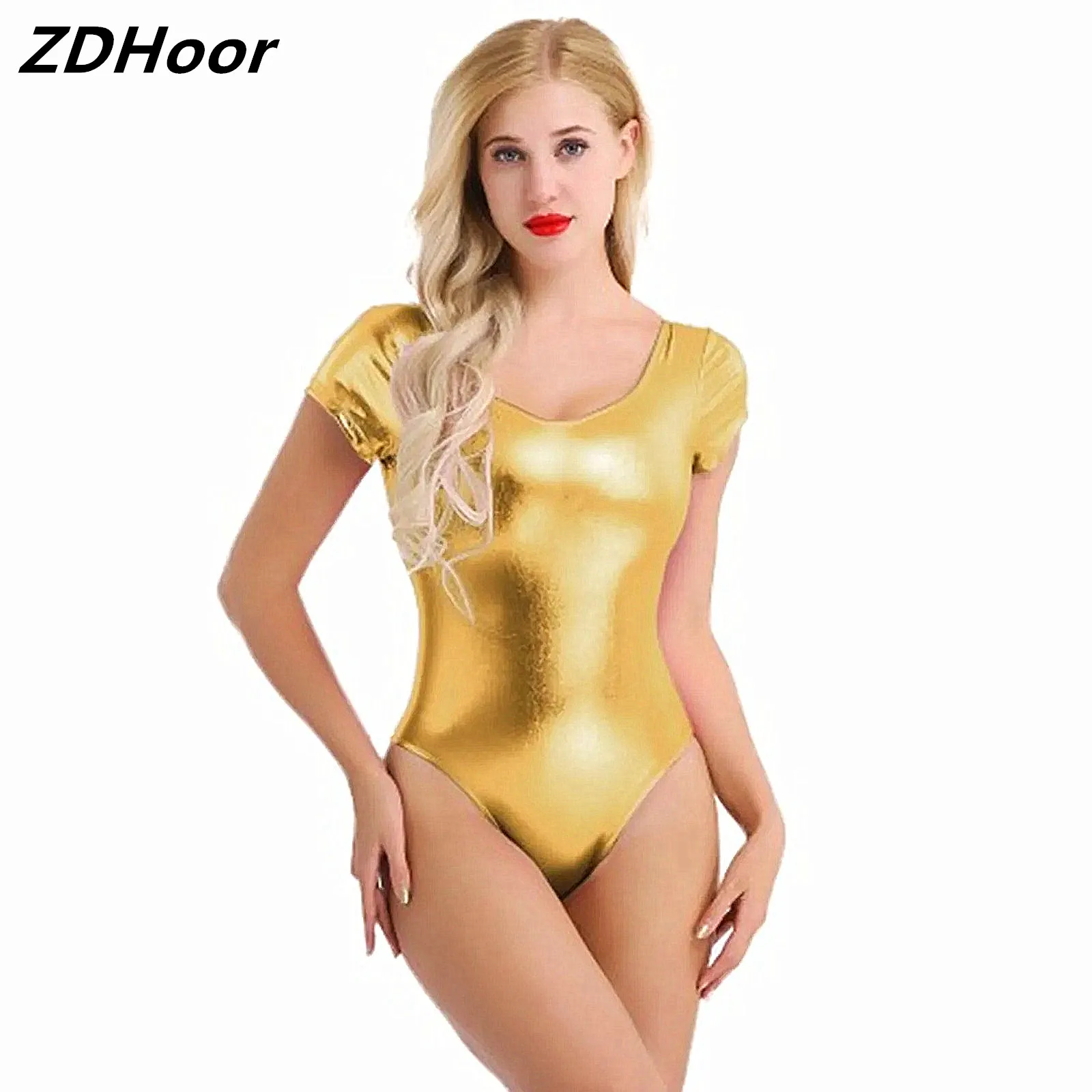 

Women Shiny Patent Leather Leotard Bodysuit One-piece Short Sleeve Jumpsuit Adult Gymnastic Pole Dance Club Party Costume