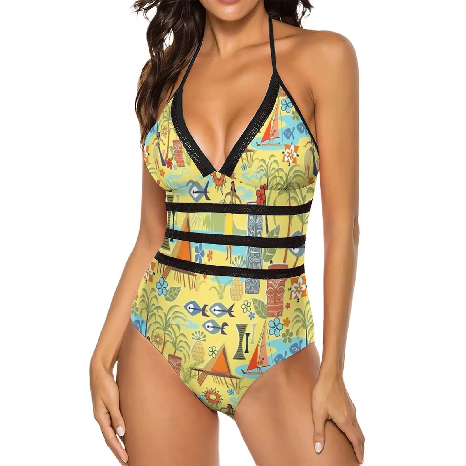 Mid Century Hawaiian Vacation with Tikis And Hula Girls Swimsuit Sexy Swimwear Stylish Swimsuits Fitness Push Up Bathing Suit