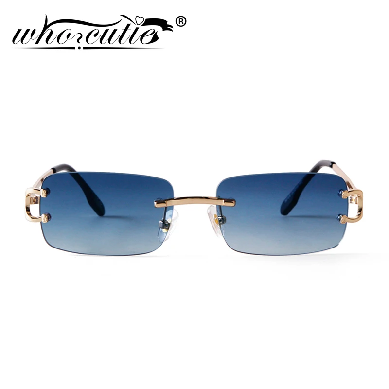 Gafas de sol rectangulares sin montura azules para hombre, diseño de marca 2025, gafas de sol cuadradas de Metal a la moda para dama, lentes degradados sin marco UV400