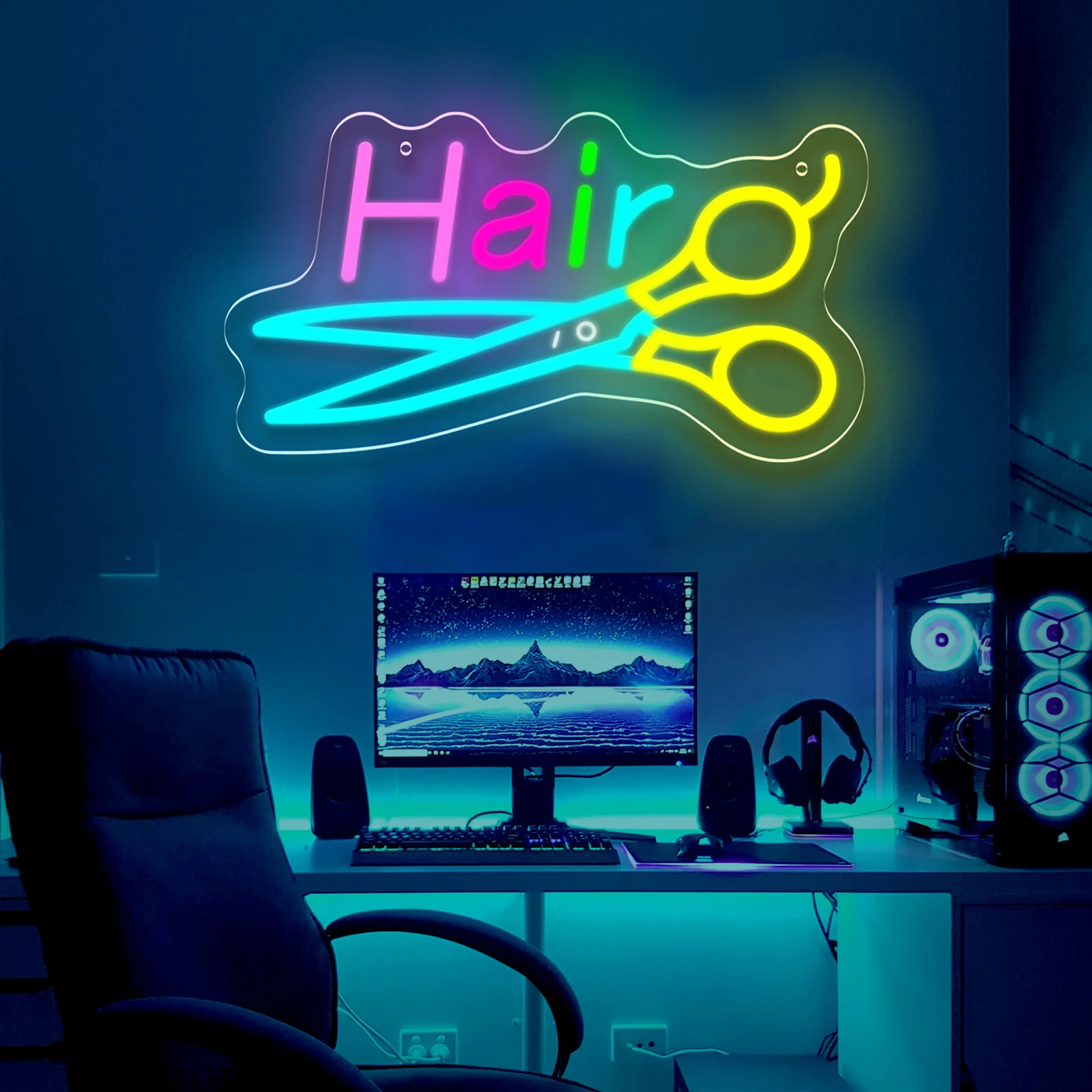 صالون الشعر LED النيون تسجيل مقص الحلاق ضوء النيون USB بالطاقة عكس الضوء لصالون الحلاقة صالون تجميل جدار ديكور افتتاح هدية