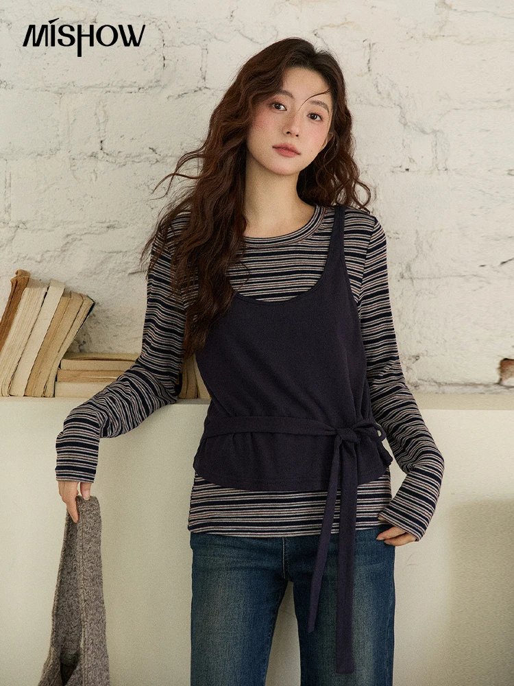 

MISHOW Women's Two-Piece Set, 2025 Winter New Retro Casual Round Neck Long Sleeve Striped Top with Tie-Waist Camisole MXE87T1430
