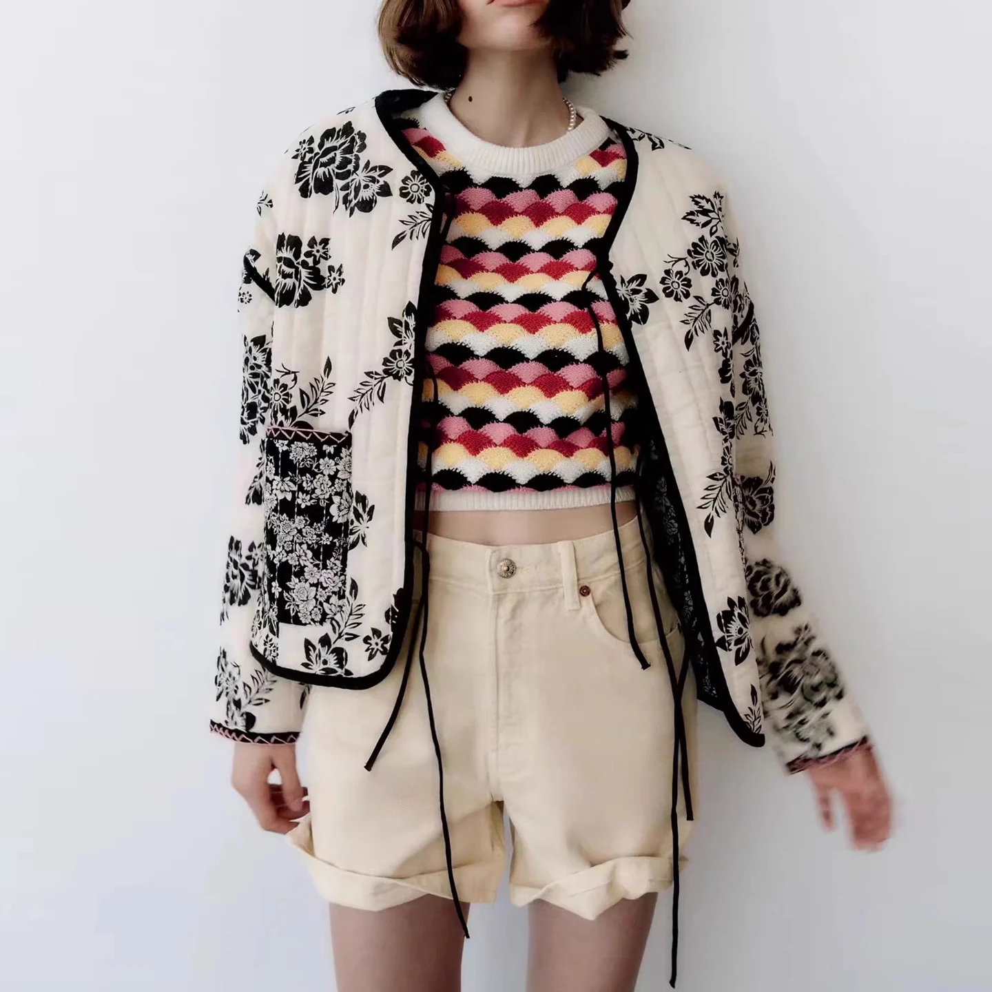 

Faionable Printed V-Ne Double-Sided Wear Thin Cotton Jaet Women's ort Outerwear Z New Arrival 2025 Autumn Sle