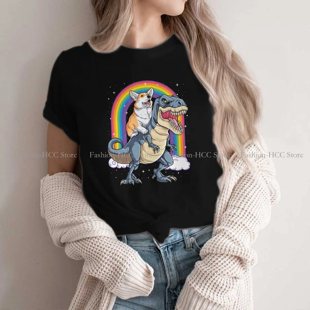 Corgi Riding Dinosaur T Rex   Rainbow Dog Hipster Polyester TShirts Dogs Momen Style Streetwear T Shirt Round Neck